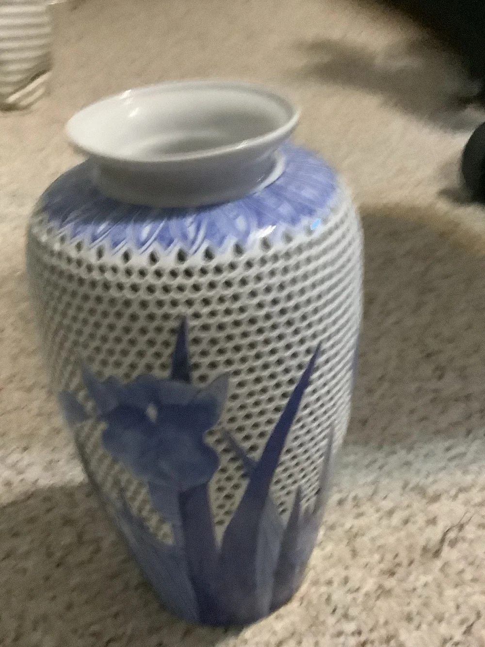 Blue Floral Pierced Ceramic Accent Vase, 12” tall